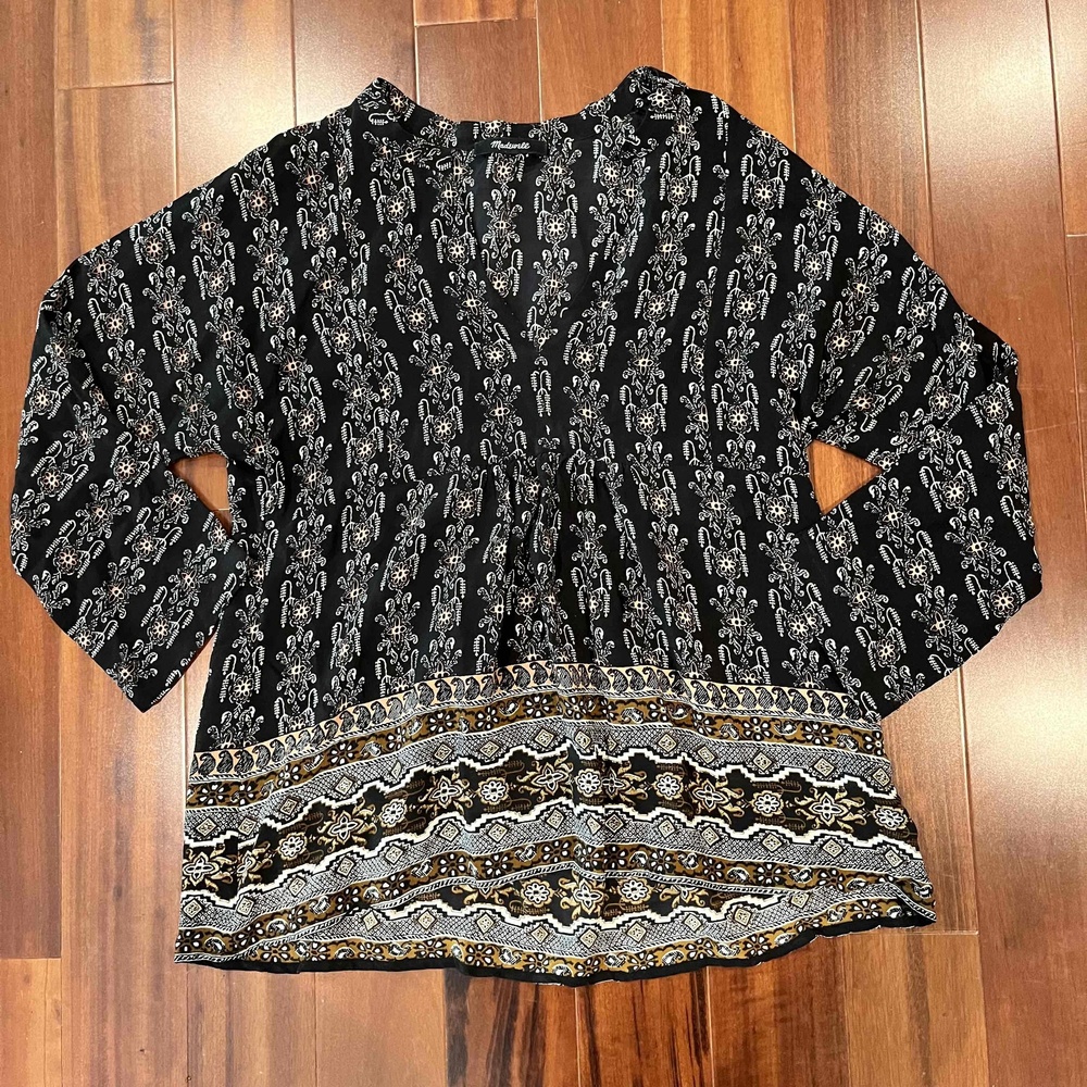 Madewell Black Silk Blouse Top Boho Floral Print Long Sleeve Peplum Size XS
